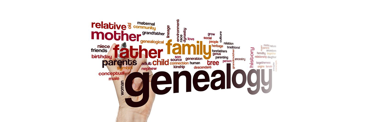 Genealogy word cloud with words such as "relative," "family," "mother," "father," and others