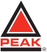 PEAK logo written in red with a red and black triangle above